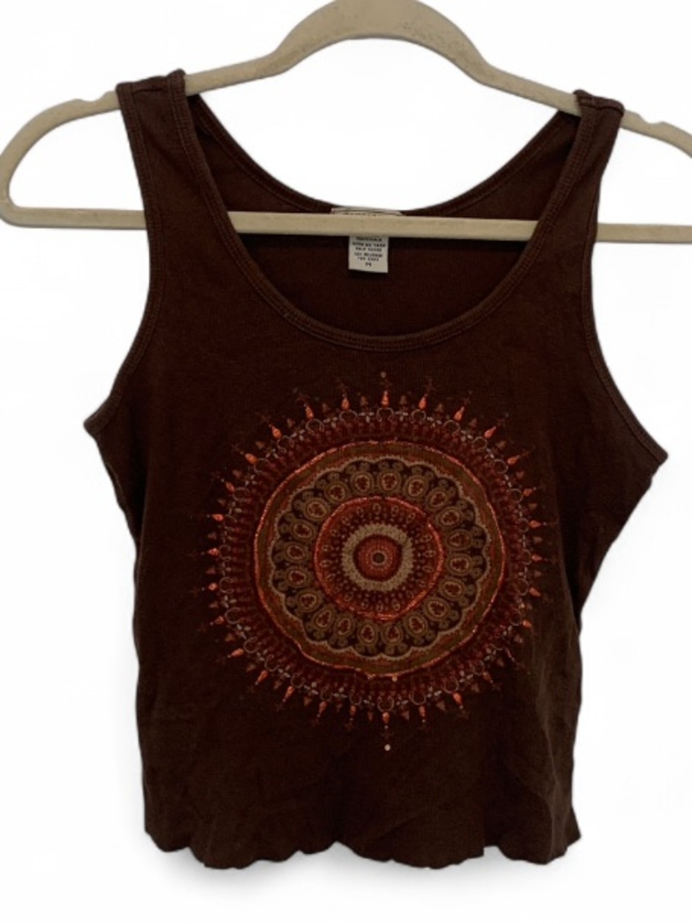 Y2K Maurices Cropped Brown Ribbed Tank Top with Mandala Accent